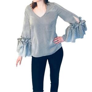 V-Neck Pin Stripe Blouse by Hilary Radley for Katherine Barclay Size Medium